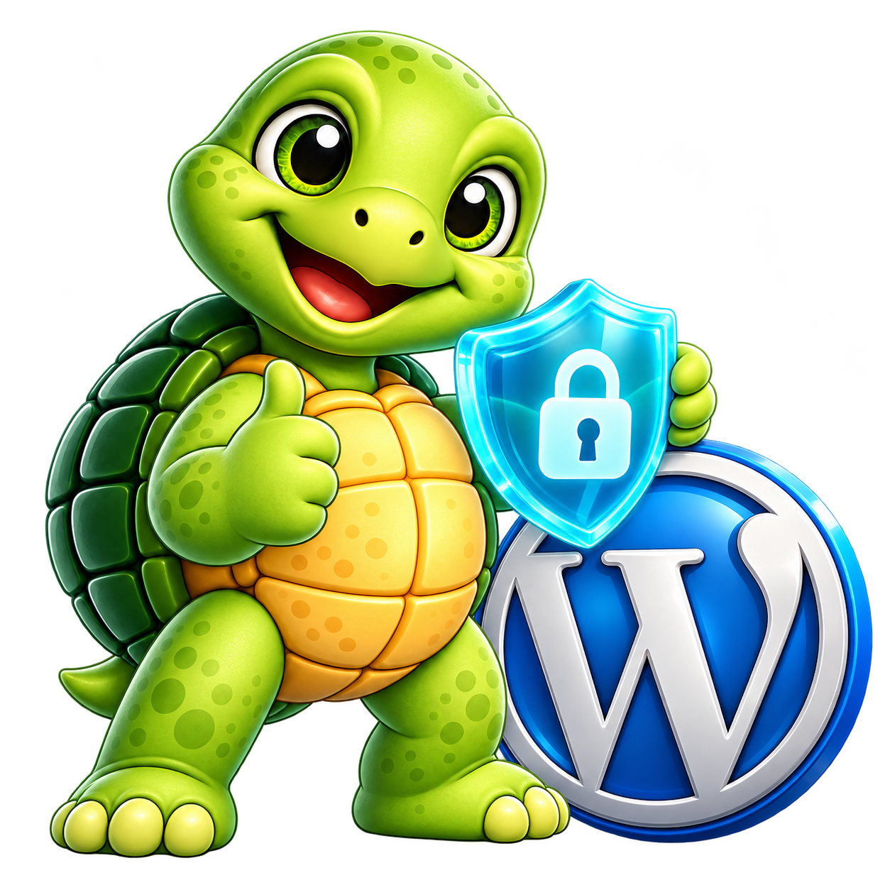 WordPress amblemi ve güvenlik kalkanıyla gülümseyen Sertican